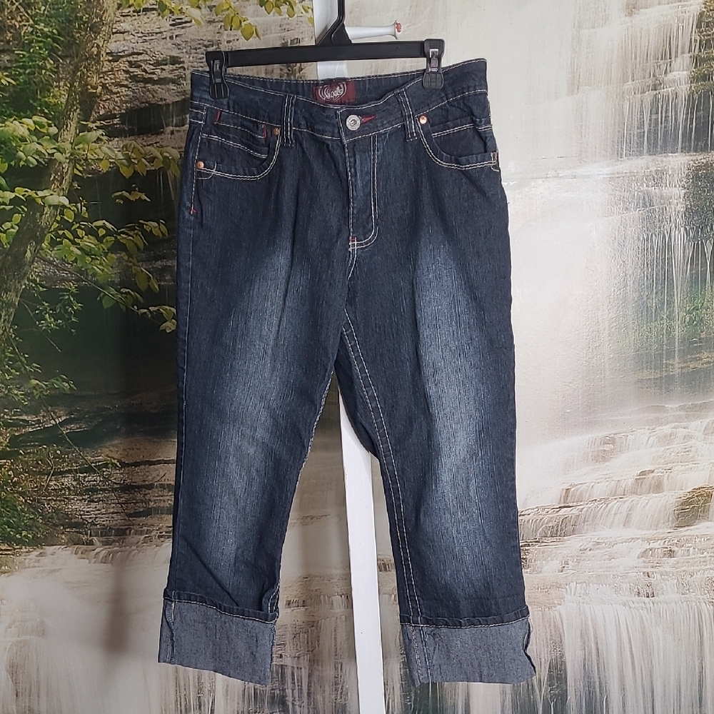 Angels Womens 10 Petite Dark Blue Denim Cropped Capri Jeans Cuffed Hems